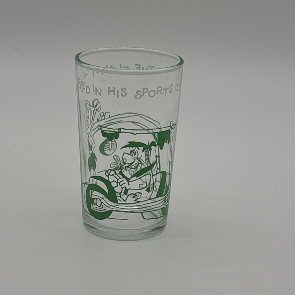 Vintage 1962 Welch's Jelly Glass Flintstones "Fred in His Sports Car" Green ACL